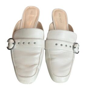 Nine West Creamy White Slip-On Mules Shoes + Silver Buckle Accents, Size 9.5M